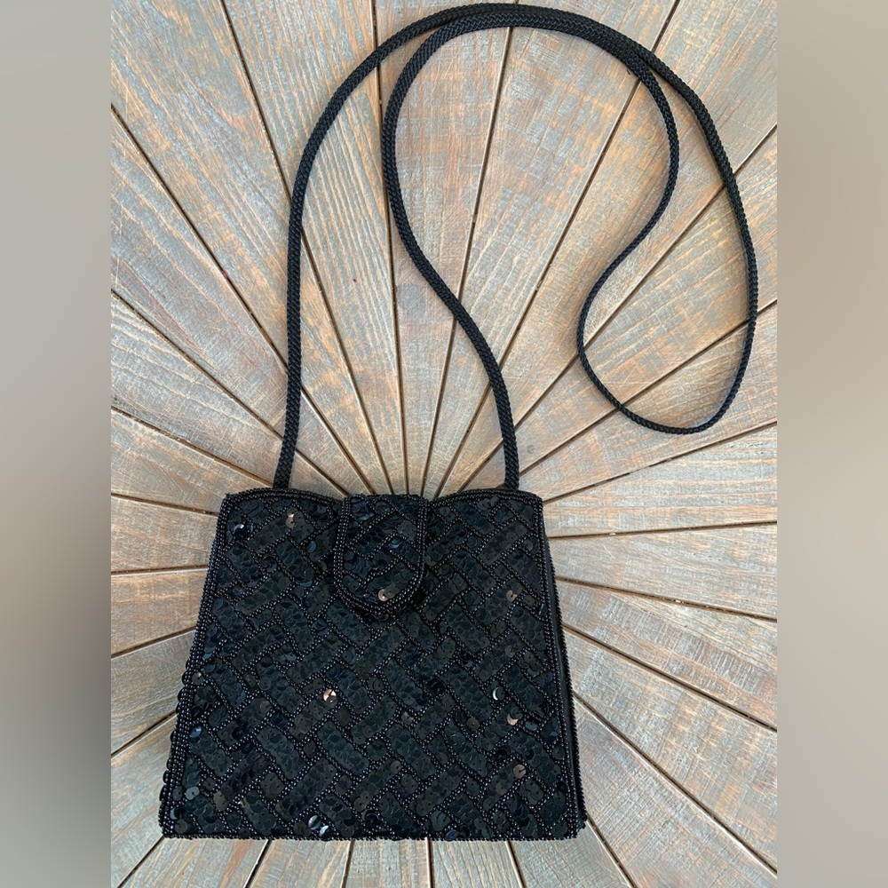Black beaded & sequins purse 6”H x 7”W x 2” D with 24” long strap